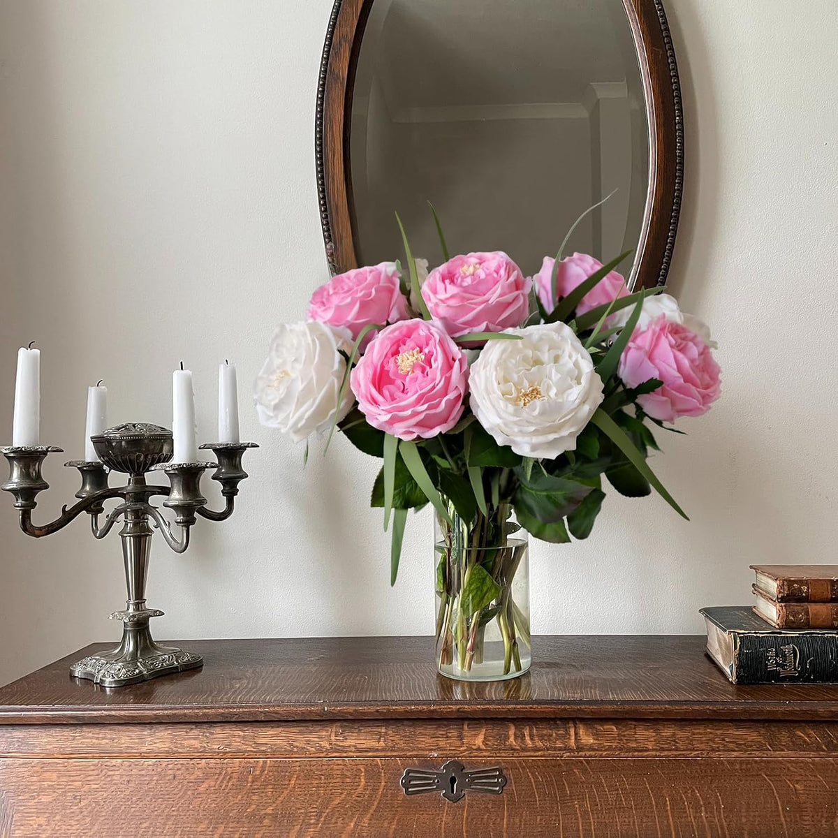 3.5'' Big Bloom Rose Artificial Flowers Pink 4Pcs Real Touch Rose Faux 17.7 Inch Long Stem Austen Roses Peonies Fake Flowers for Home Kitchen Party Christmas Flower Wedding Decor