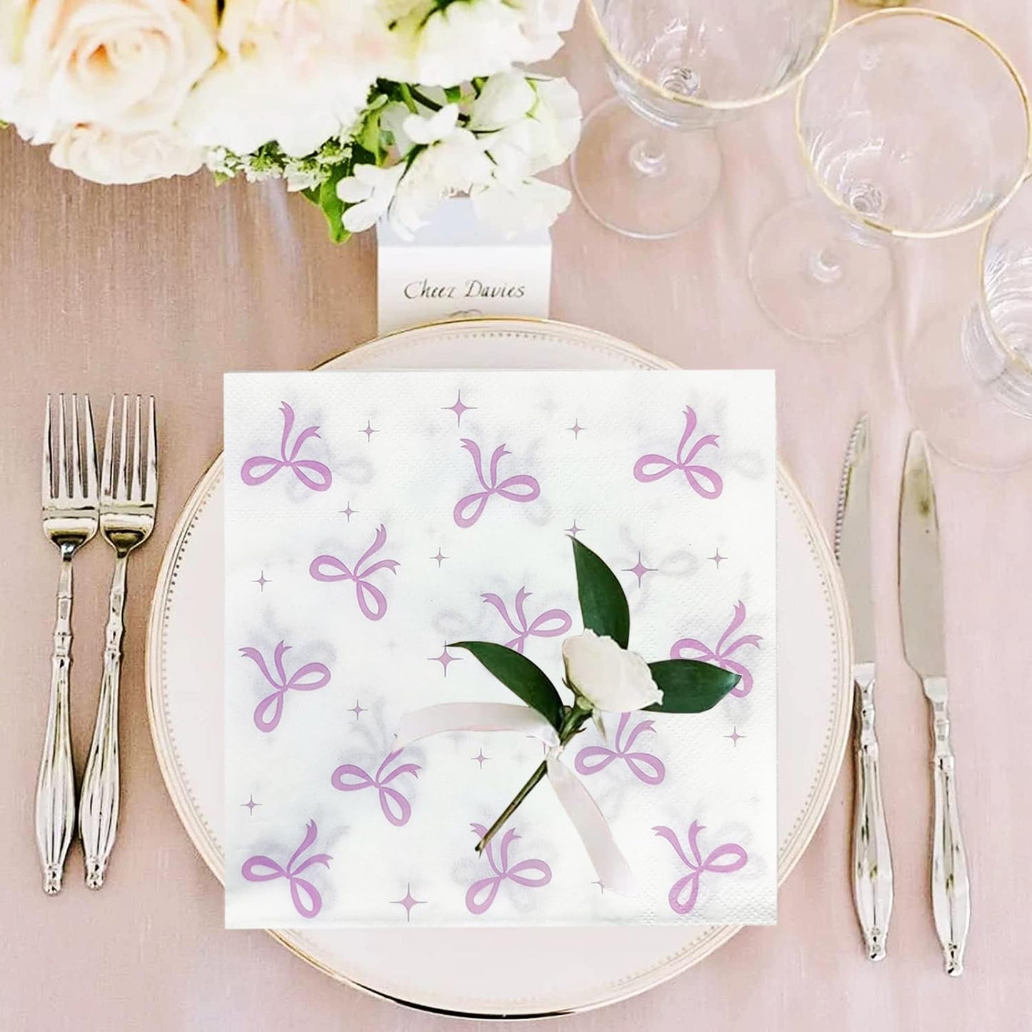 50Pcs Pink Bow Napkins Conquette Birthday Decorations Napkins Pink Bow Dessert Napkins Bow Cocktail Napkins For Pink Bow Theme Bachelorette Bridal Baby Shower Bow Girl Birthday Party Decor (White)