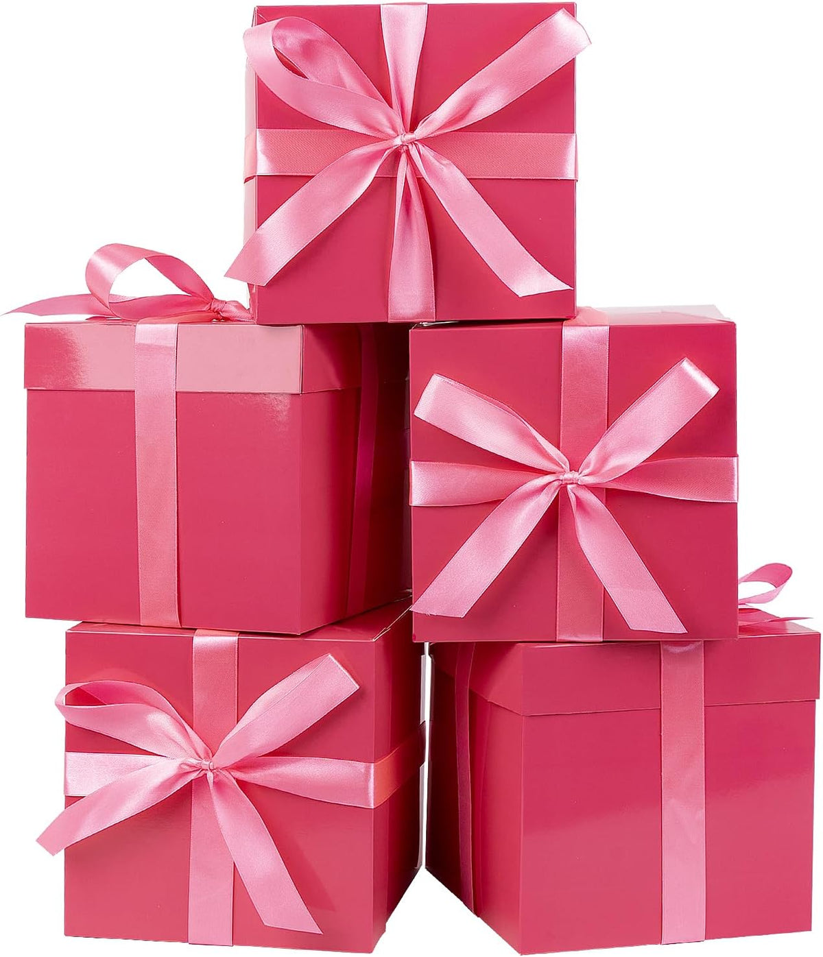 5 Pack Pink Gift Boxes with Lids, Ribbons and Tissue Papers Square Gift Boxes - 7.1 Inch - Birthday, Wedding, Presents Wrapping, Mother's Day, Valentine's Day Decoration Party Favor Boxes.