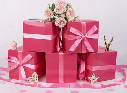 5 Pack Pink Gift Boxes with Lids, Ribbons and Tissue Papers Square Gift Boxes - 7.1 Inch - Birthday, Wedding, Presents Wrapping, Mother's Day, Valentine's Day Decoration Party Favor Boxes.