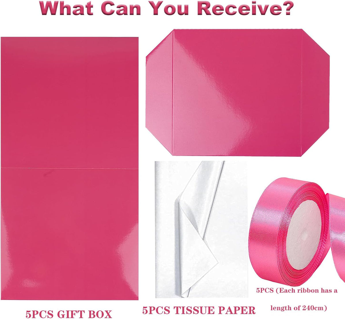 5 Pack Pink Gift Boxes with Lids, Ribbons and Tissue Papers Square Gift Boxes - 7.1 Inch - Birthday, Wedding, Presents Wrapping, Mother's Day, Valentine's Day Decoration Party Favor Boxes.