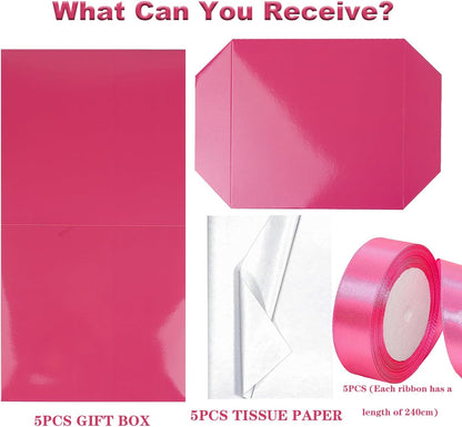 5 Pack Pink Gift Boxes with Lids, Ribbons and Tissue Papers Square Gift Boxes - 7.1 Inch - Birthday, Wedding, Presents Wrapping, Mother's Day, Valentine's Day Decoration Party Favor Boxes.