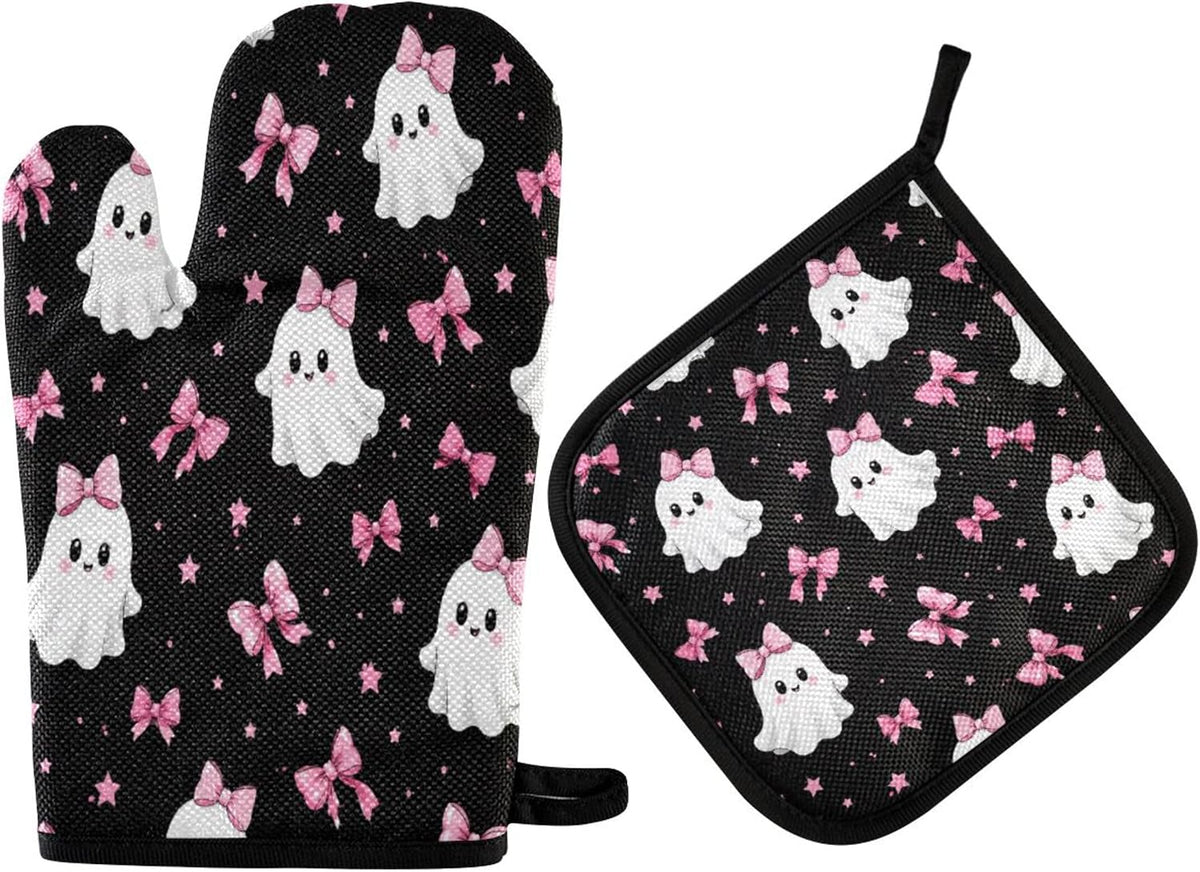 Ghosts in Pink Bows Oven Mitt and Pot Holder Set, Heat Resistant Oven Glove with Loop for Kitchen Cooking Baking Grilling