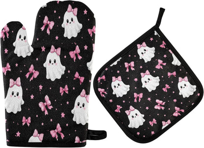 Ghosts in Pink Bows Oven Mitt and Pot Holder Set, Heat Resistant Oven Glove with Loop for Kitchen Cooking Baking Grilling