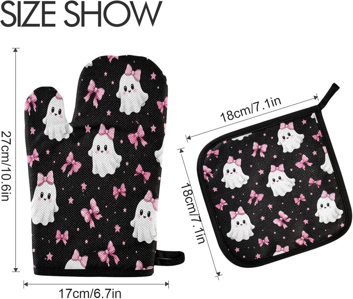 Ghosts in Pink Bows Oven Mitt and Pot Holder Set, Heat Resistant Oven Glove with Loop for Kitchen Cooking Baking Grilling