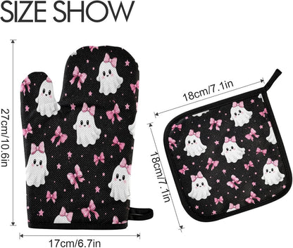 Ghosts in Pink Bows Oven Mitt and Pot Holder Set, Heat Resistant Oven Glove with Loop for Kitchen Cooking Baking Grilling