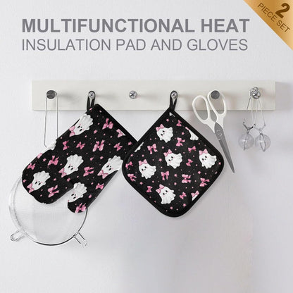Ghosts in Pink Bows Oven Mitt and Pot Holder Set, Heat Resistant Oven Glove with Loop for Kitchen Cooking Baking Grilling