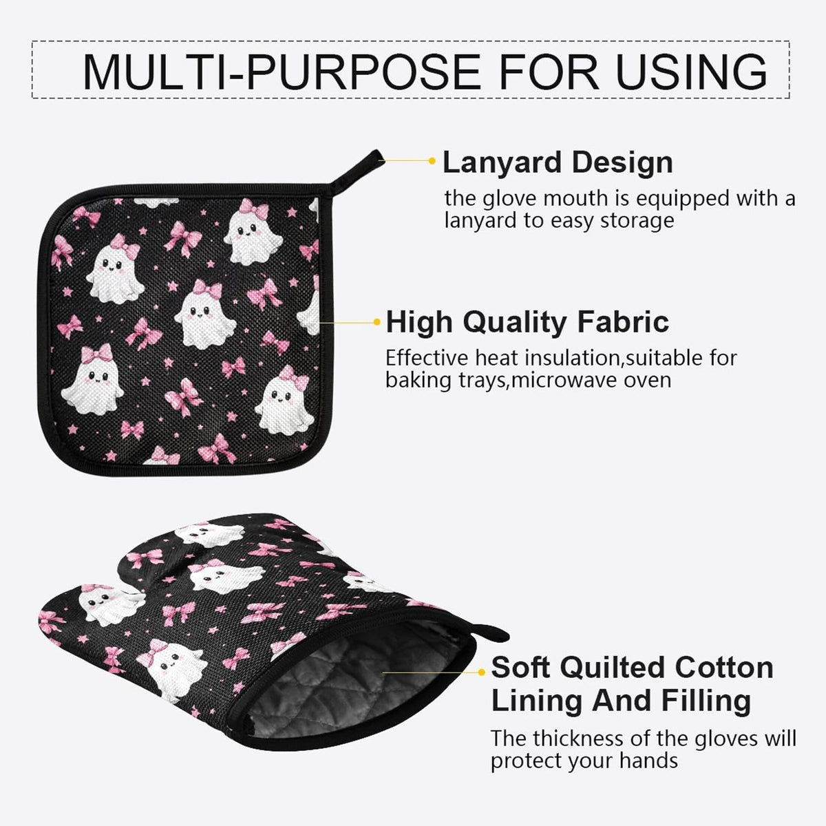 Ghosts in Pink Bows Oven Mitt and Pot Holder Set, Heat Resistant Oven Glove with Loop for Kitchen Cooking Baking Grilling