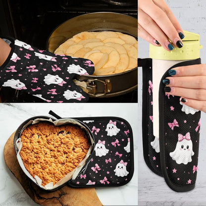 Ghosts in Pink Bows Oven Mitt and Pot Holder Set, Heat Resistant Oven Glove with Loop for Kitchen Cooking Baking Grilling