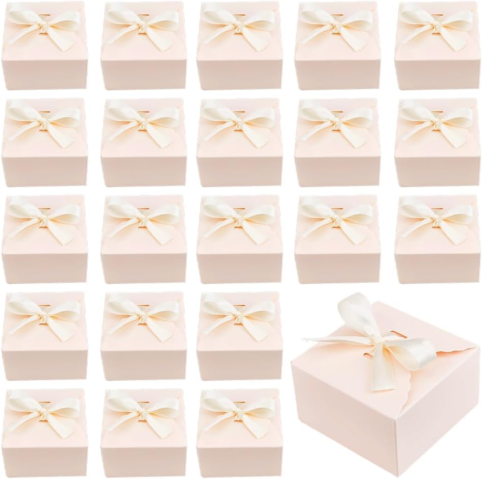 30pcs Pink Gift Boxes Candy Box Foldable Paper Box Small Gift Packaging Boxes with Ribbon for Candy Cookie Cupcake Proposal Wedding Gifts, 3.5x3.5x2 inch