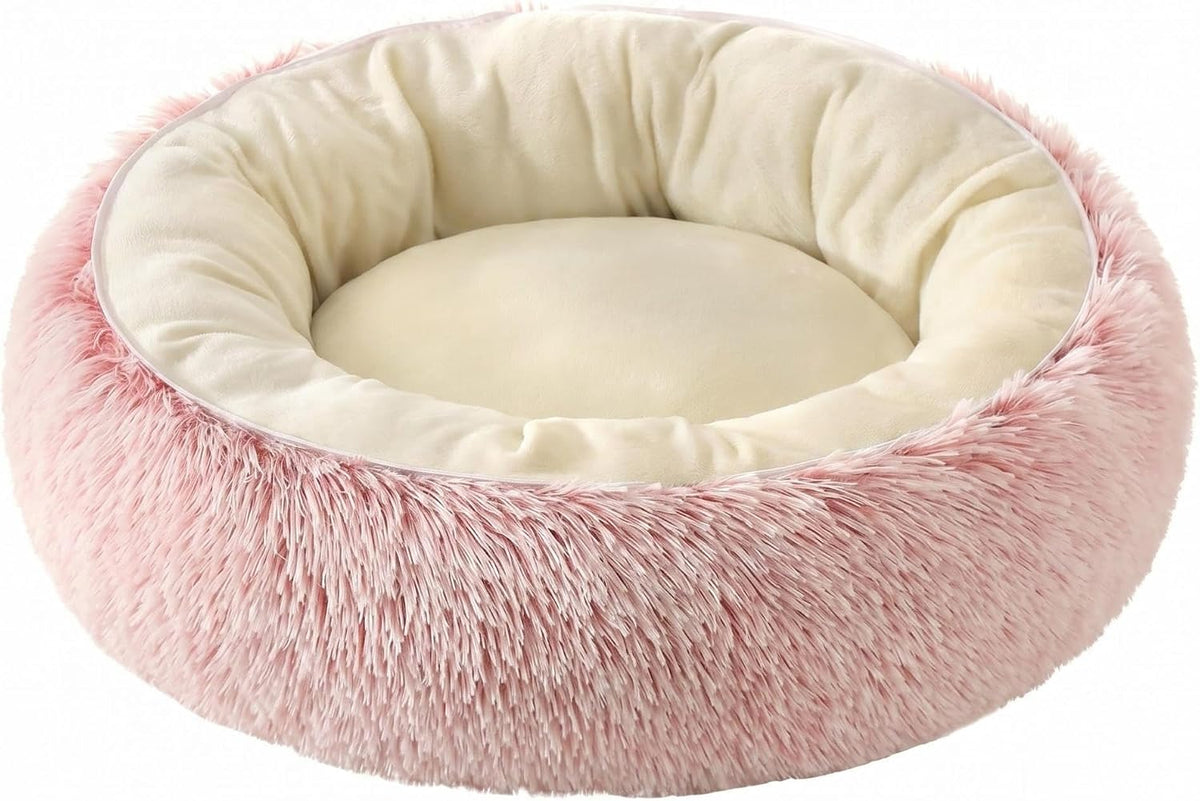 Calming Donut Pet Bed, Fluffy Long Fur Outer & Short Fur Inner, Sweat-Free & Cozy, Non-Slip Bottom, for Small Medium Dogs, Cats, Puppies & Kittens (Pink, 19.7 in)
