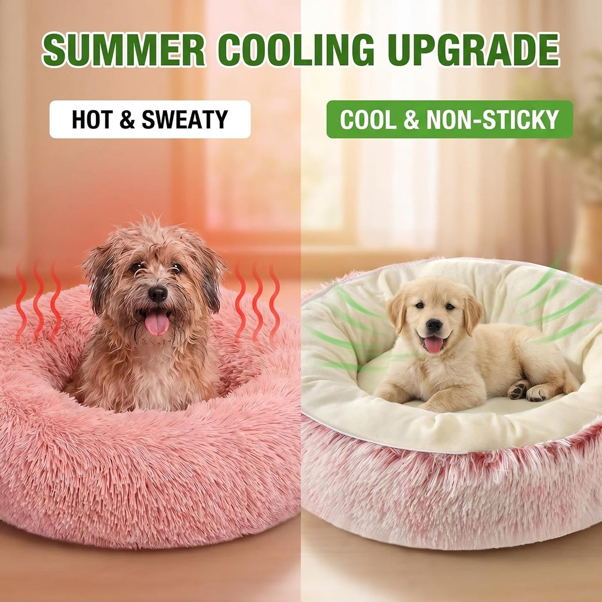 Calming Donut Pet Bed, Fluffy Long Fur Outer & Short Fur Inner, Sweat-Free & Cozy, Non-Slip Bottom, for Small Medium Dogs, Cats, Puppies & Kittens (Pink, 19.7 in)