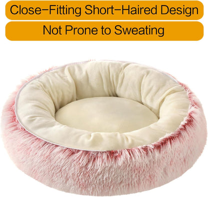 Calming Donut Pet Bed, Fluffy Long Fur Outer & Short Fur Inner, Sweat-Free & Cozy, Non-Slip Bottom, for Small Medium Dogs, Cats, Puppies & Kittens (Pink, 19.7 in)