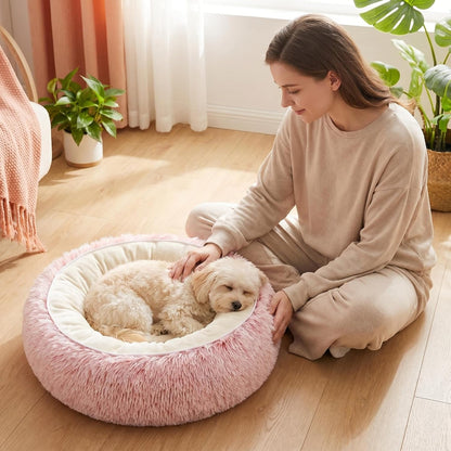 Calming Donut Pet Bed, Fluffy Long Fur Outer & Short Fur Inner, Sweat-Free & Cozy, Non-Slip Bottom, for Small Medium Dogs, Cats, Puppies & Kittens (Pink, 19.7 in)