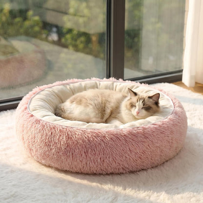 Calming Donut Pet Bed, Fluffy Long Fur Outer & Short Fur Inner, Sweat-Free & Cozy, Non-Slip Bottom, for Small Medium Dogs, Cats, Puppies & Kittens (Pink, 19.7 in)