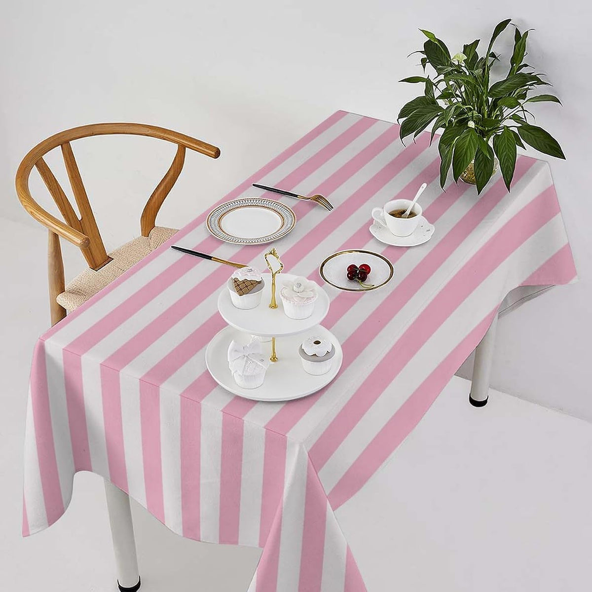 Stripe Tablecloths Vertical Pink White Striped Pattern Design Print Table Cover for Home Party Dining Room Kitchen Decor, 55x75in【Rectangle】