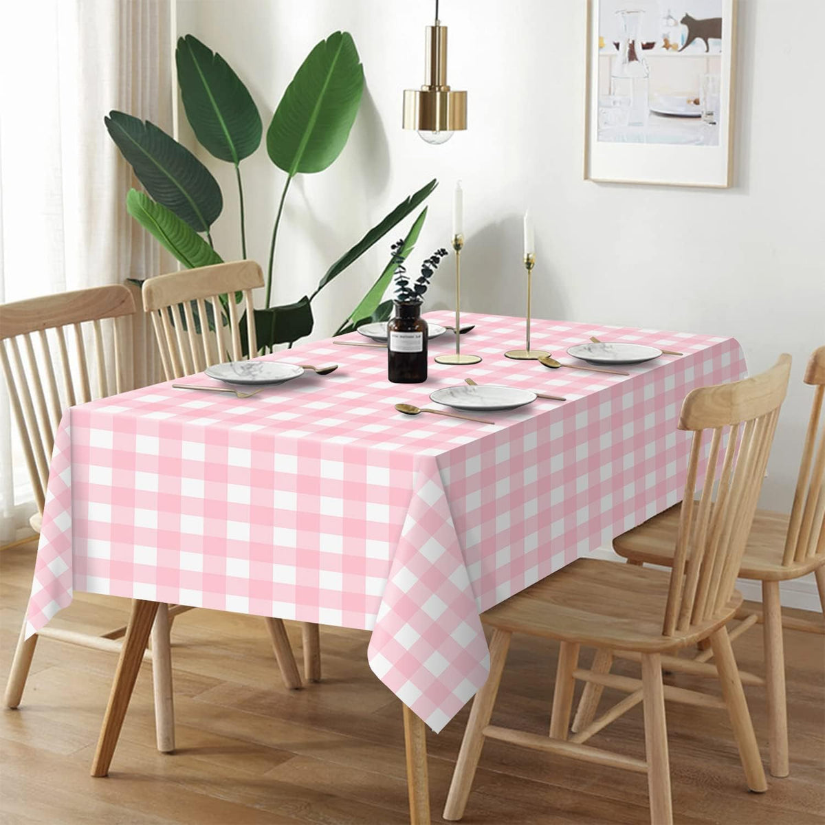 2 Pack Pink Gingham Tablecloth, Pink Checkered Plastic Table Cloth