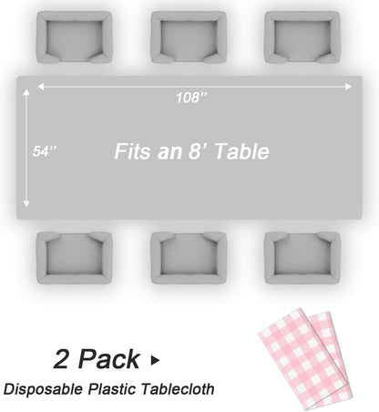 2 Pack Pink Gingham Tablecloth, Pink Checkered Plastic Table Cloth