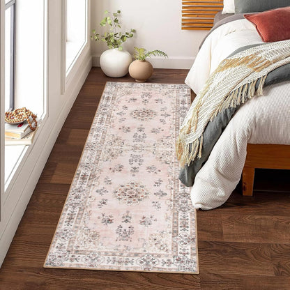 Washable 2x6 Kitchen Runner Rugs, Retro Distressed Pink Floral Print Runner for Hallway Bathroom Entryway, Low Pile Non-Slip Water Repellent Stain Resistant Mat for Floor Protection