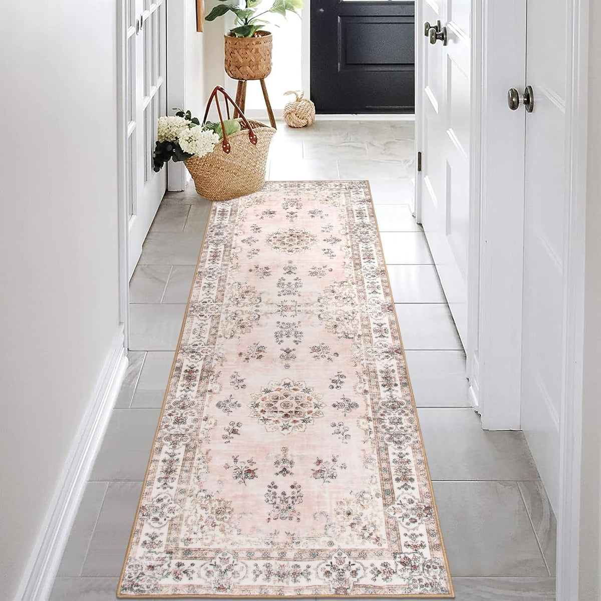 Washable 2x6 Kitchen Runner Rugs, Retro Distressed Pink Floral Print Runner for Hallway Bathroom Entryway, Low Pile Non-Slip Water Repellent Stain Resistant Mat for Floor Protection