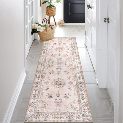 Washable 2x6 Kitchen Runner Rugs, Retro Distressed Pink Floral Print Runner for Hallway Bathroom Entryway, Low Pile Non-Slip Water Repellent Stain Resistant Mat for Floor Protection