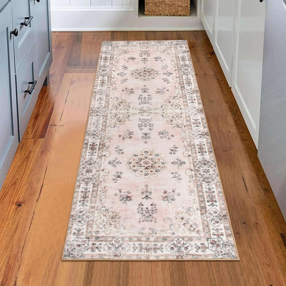 Washable 2x6 Kitchen Runner Rugs, Retro Distressed Pink Floral Print Runner for Hallway Bathroom Entryway, Low Pile Non-Slip Water Repellent Stain Resistant Mat for Floor Protection