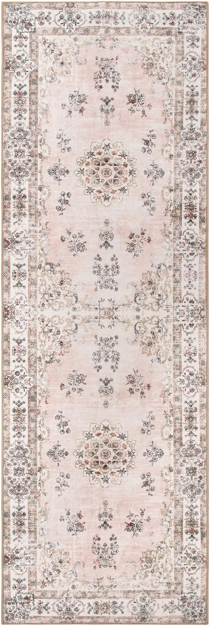 Washable 2x6 Kitchen Runner Rugs, Retro Distressed Pink Floral Print Runner for Hallway Bathroom Entryway, Low Pile Non-Slip Water Repellent Stain Resistant Mat for Floor Protection