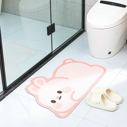 Cute Animal Bath Mat - Pink Rabbit Non-Slip Super Absorbent Ultra Thin Mat for Shower Tub & Sink Front Quick Dry Bathroom Mat (Easy Clean)