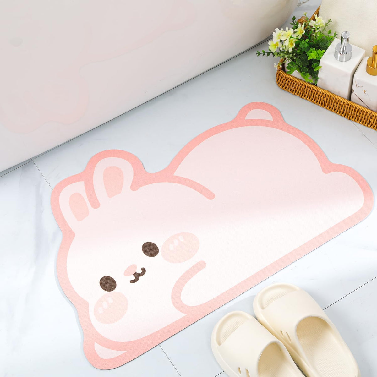 Cute Animal Bath Mat - Pink Rabbit Non-Slip Super Absorbent Ultra Thin Mat for Shower Tub & Sink Front Quick Dry Bathroom Mat (Easy Clean)
