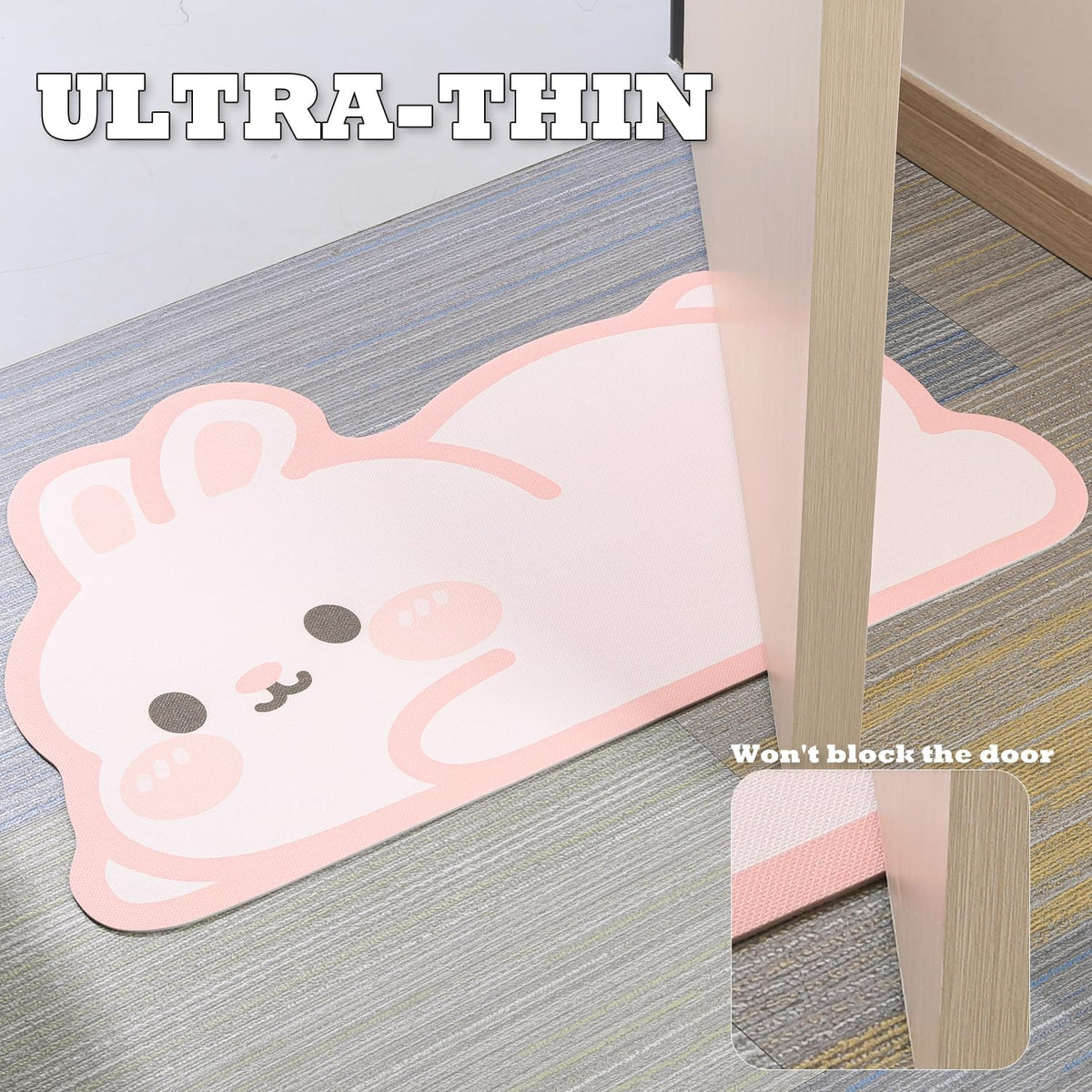 Cute Animal Bath Mat - Pink Rabbit Non-Slip Super Absorbent Ultra Thin Mat for Shower Tub & Sink Front Quick Dry Bathroom Mat (Easy Clean)