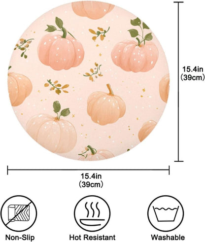 Round Placemats Set Autumn Pattern Peach Color Pumpkins 4 Pcs Fabric Table Mats for Dining Table