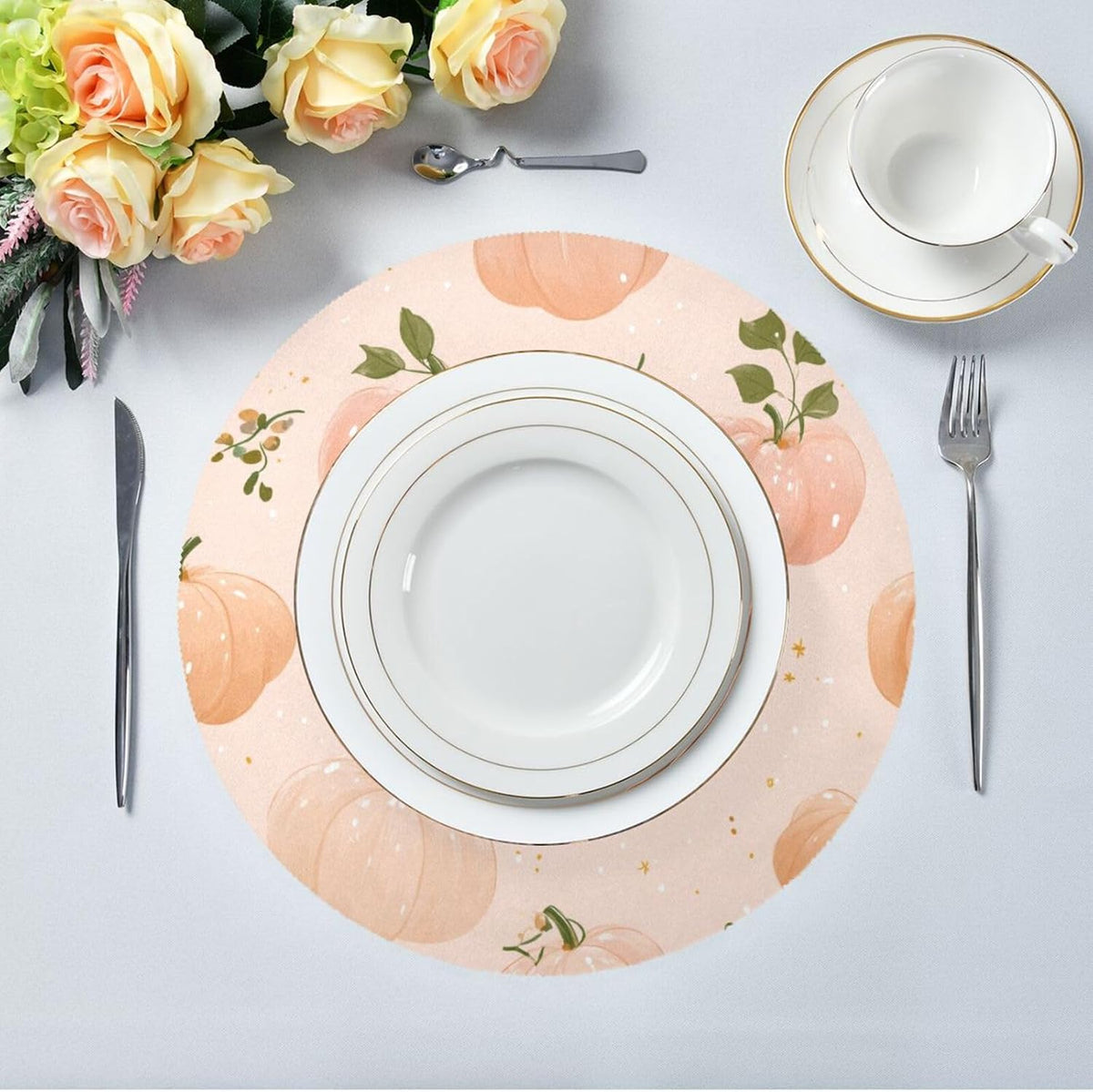 Round Placemats Set Autumn Pattern Peach Color Pumpkins 4 Pcs Fabric Table Mats for Dining Table