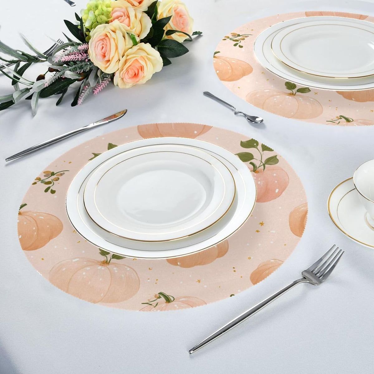 Round Placemats Set Autumn Pattern Peach Color Pumpkins 4 Pcs Fabric Table Mats for Dining Table