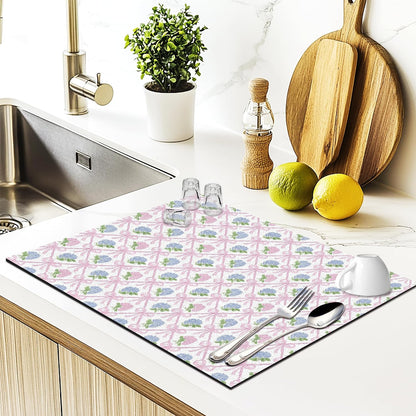 Coquette Pink Bow Hydrangea Dish Drying Mat, Preppy Girly Pink and Blue Hydrangea Flower Absorbent Dish Drainer Reusable Washable Drying Mat Pad for Kitchen Counter, 12×15 Inch