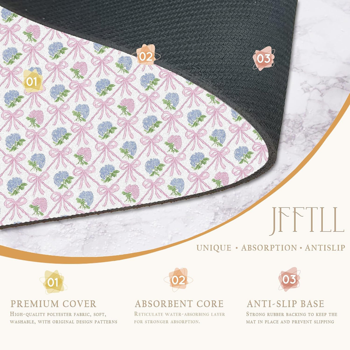 Coquette Pink Bow Hydrangea Dish Drying Mat, Preppy Girly Pink and Blue Hydrangea Flower Absorbent Dish Drainer Reusable Washable Drying Mat Pad for Kitchen Counter, 12×15 Inch