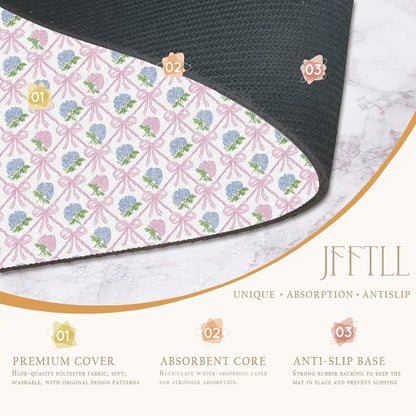 Coquette Pink Bow Hydrangea Dish Drying Mat, Preppy Girly Pink and Blue Hydrangea Flower Absorbent Dish Drainer Reusable Washable Drying Mat Pad for Kitchen Counter, 12×15 Inch