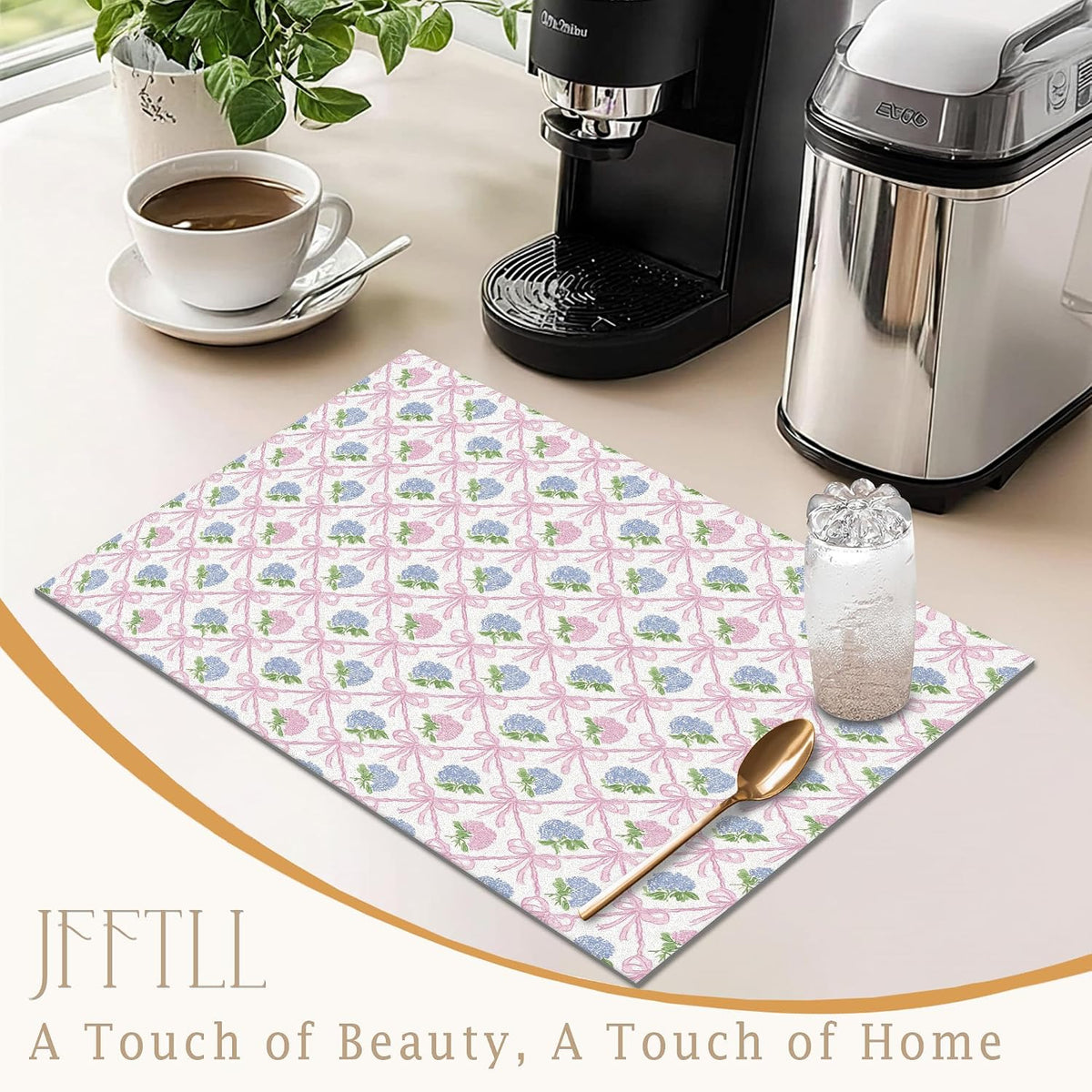 Coquette Pink Bow Hydrangea Dish Drying Mat, Preppy Girly Pink and Blue Hydrangea Flower Absorbent Dish Drainer Reusable Washable Drying Mat Pad for Kitchen Counter, 12×15 Inch