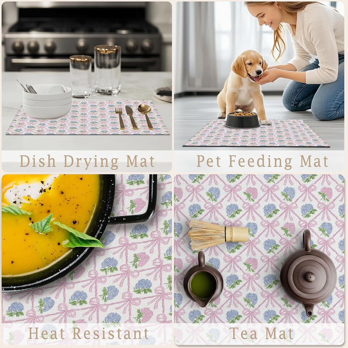 Coquette Pink Bow Hydrangea Dish Drying Mat, Preppy Girly Pink and Blue Hydrangea Flower Absorbent Dish Drainer Reusable Washable Drying Mat Pad for Kitchen Counter, 12×15 Inch