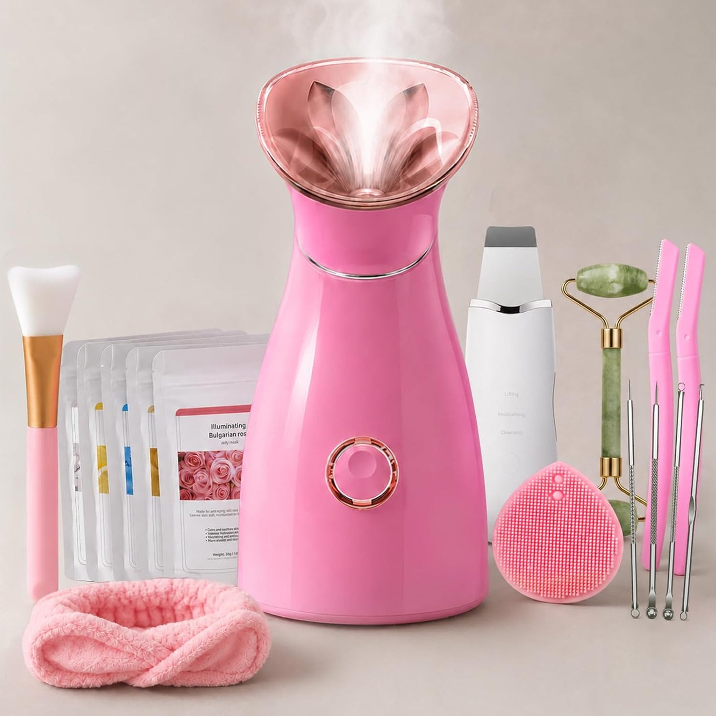 Facial Steamer Professional Kit: Nano Ionic Face Steamer for Deep Cleansing with 17 Skin Care Tools - Home Spa Self Care and Birthday Gifts for Women (Rose Pink)