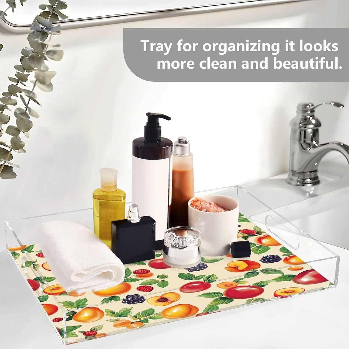 Serving Tray with Handles Clear Acrylic Tray 12x16 Inch Decorative Rectangular Tray Organizer for Ottoman Coffee Table Bathroom Georgia Peachs Vegetables Beige