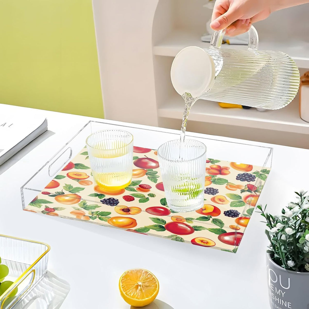 Serving Tray with Handles Clear Acrylic Tray 12x16 Inch Decorative Rectangular Tray Organizer for Ottoman Coffee Table Bathroom Georgia Peachs Vegetables Beige