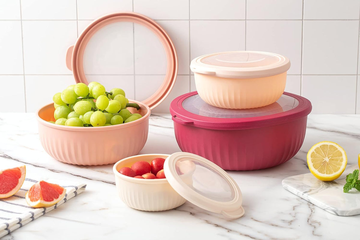 Prep Bowls with Lids- Wide and Deep Nesting Plastic Small Mixing Bowl Set with Lids, 8 Piece Set - Wide Bowls, Rose