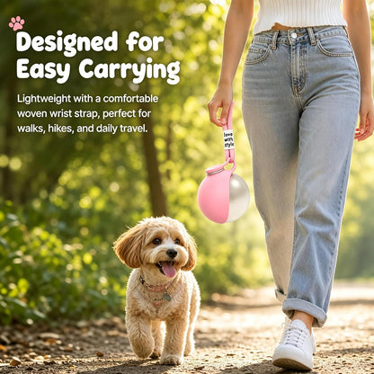 2 in 1 Portable Tumbler for Dogs, Portable Dog Water Ball, 10oz Stainless Steel Pet Water Dispenser with Silicone Foldable Bowl, Leak Proof, Portable Small Dog Water Bottle for Walking, Hiking(Pink)