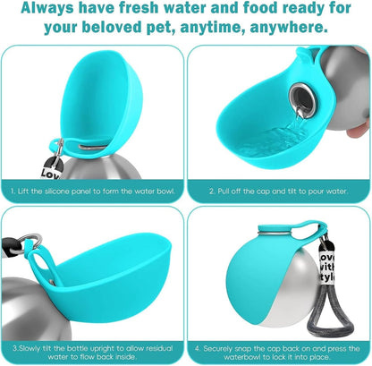 2 in 1 Portable Tumbler for Dogs, Portable Dog Water Ball, 10oz Stainless Steel Pet Water Dispenser with Silicone Foldable Bowl, Leak Proof, Portable Small Dog Water Bottle for Walking, Hiking(Pink)