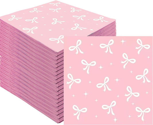 100Pcs Pink Bow Cocktail Napkins Conquette Birthday Decorations Napkins Pink Bow Dessert Napkins For Pink Bow Theme Bachelorette Bridal Baby Shower Bow Girl Birthday Party Decor (Pink)