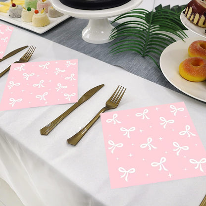 100Pcs Pink Bow Cocktail Napkins Conquette Birthday Decorations Napkins Pink Bow Dessert Napkins For Pink Bow Theme Bachelorette Bridal Baby Shower Bow Girl Birthday Party Decor (Pink)