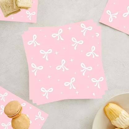 100Pcs Pink Bow Cocktail Napkins Conquette Birthday Decorations Napkins Pink Bow Dessert Napkins For Pink Bow Theme Bachelorette Bridal Baby Shower Bow Girl Birthday Party Decor (Pink)
