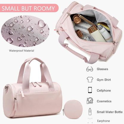 Mini Gym Bag for Women, 12-Inch Small Duffle Bag with Wet Pocket and Coin Purse, Lightweight Water-Resistant Workout Bag for Yoga, Pilates, Dance and Travel (Pink)