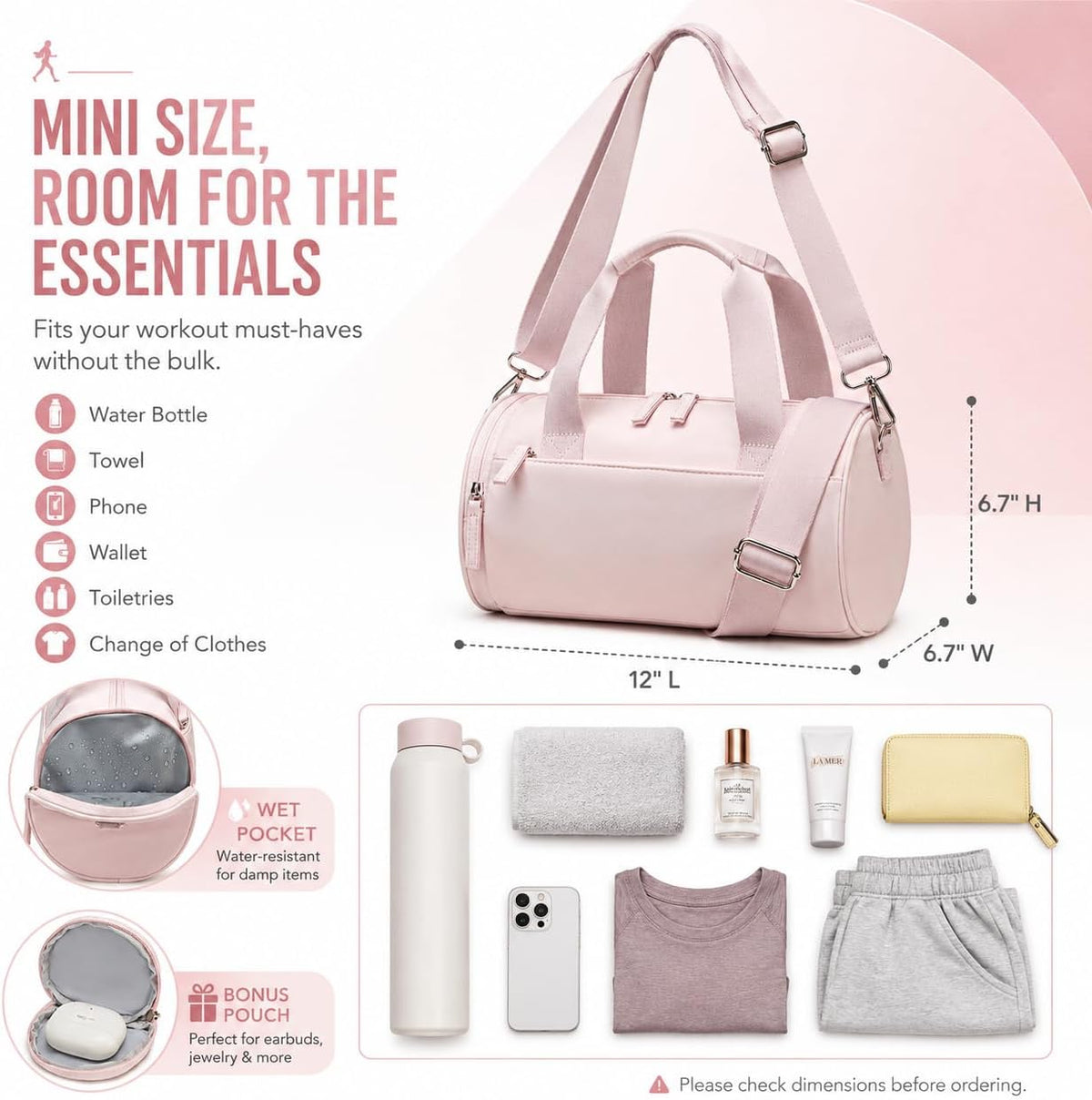 Mini Gym Bag for Women, 12-Inch Small Duffle Bag with Wet Pocket and Coin Purse, Lightweight Water-Resistant Workout Bag for Yoga, Pilates, Dance and Travel (Pink)