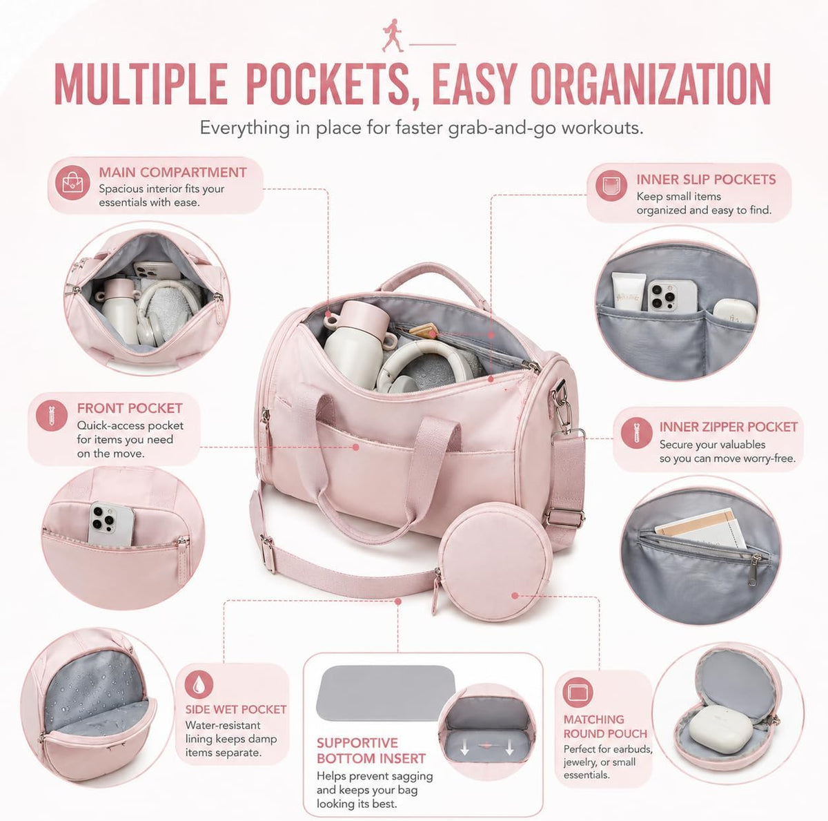 Mini Gym Bag for Women, 12-Inch Small Duffle Bag with Wet Pocket and Coin Purse, Lightweight Water-Resistant Workout Bag for Yoga, Pilates, Dance and Travel (Pink)